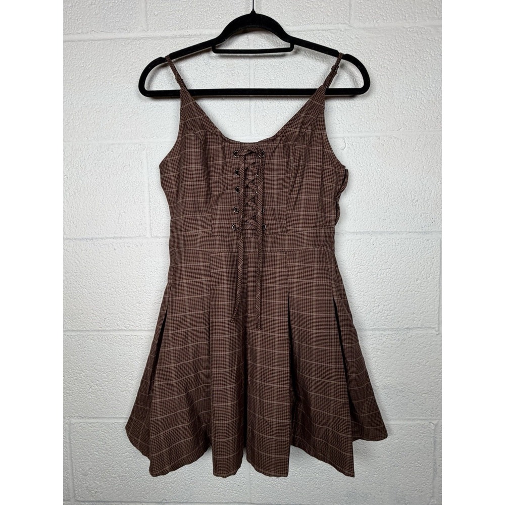Social Collision Plaid Mini Dress Lace Up Pleated Dark Academia Small